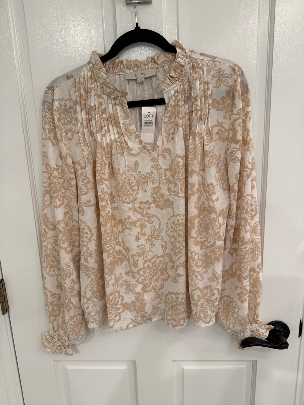 LOFT Cream and Tan Floral Ruffle-Neck Blouse